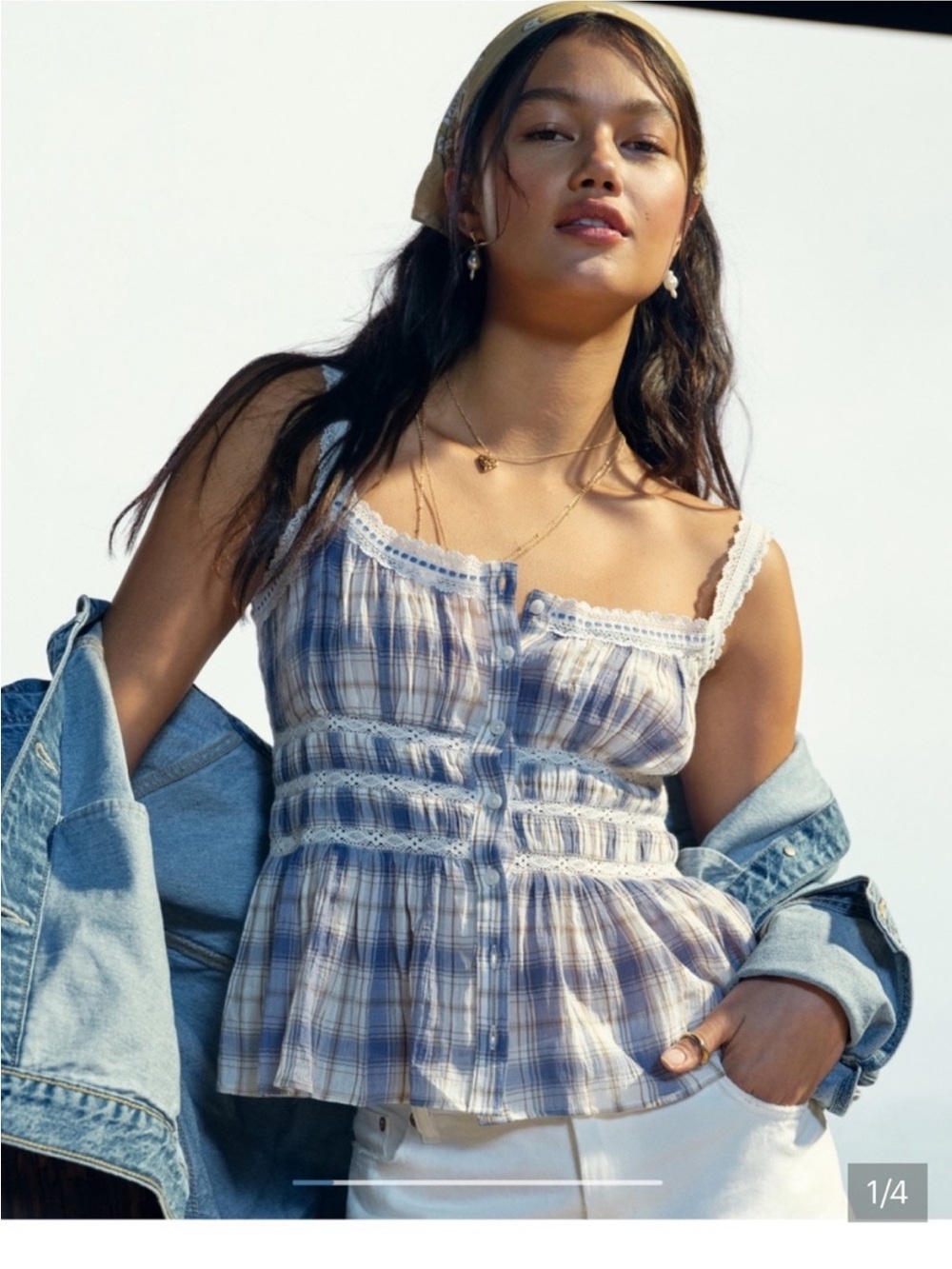 American Eagle Outfitters Blue Plaid Lace-Trim Smocked Tank size medium